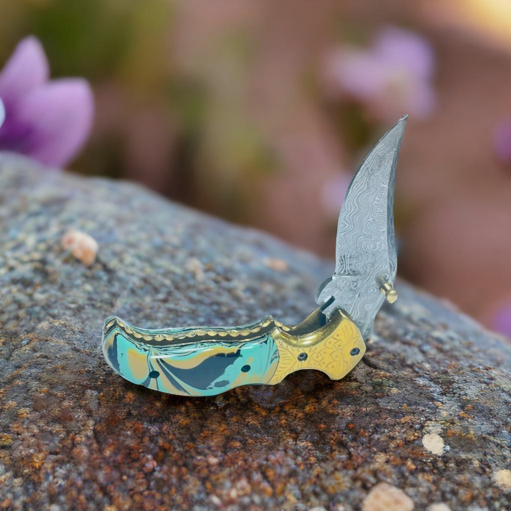 Custom Handmade Damascus Steel Pocket Knife – Abalone Shell Handle