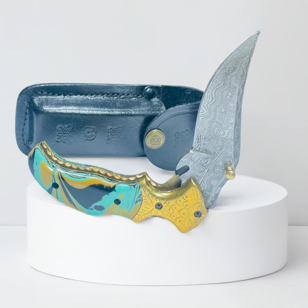 Custom Handmade Damascus Steel Pocket Knife – Abalone Shell Handle