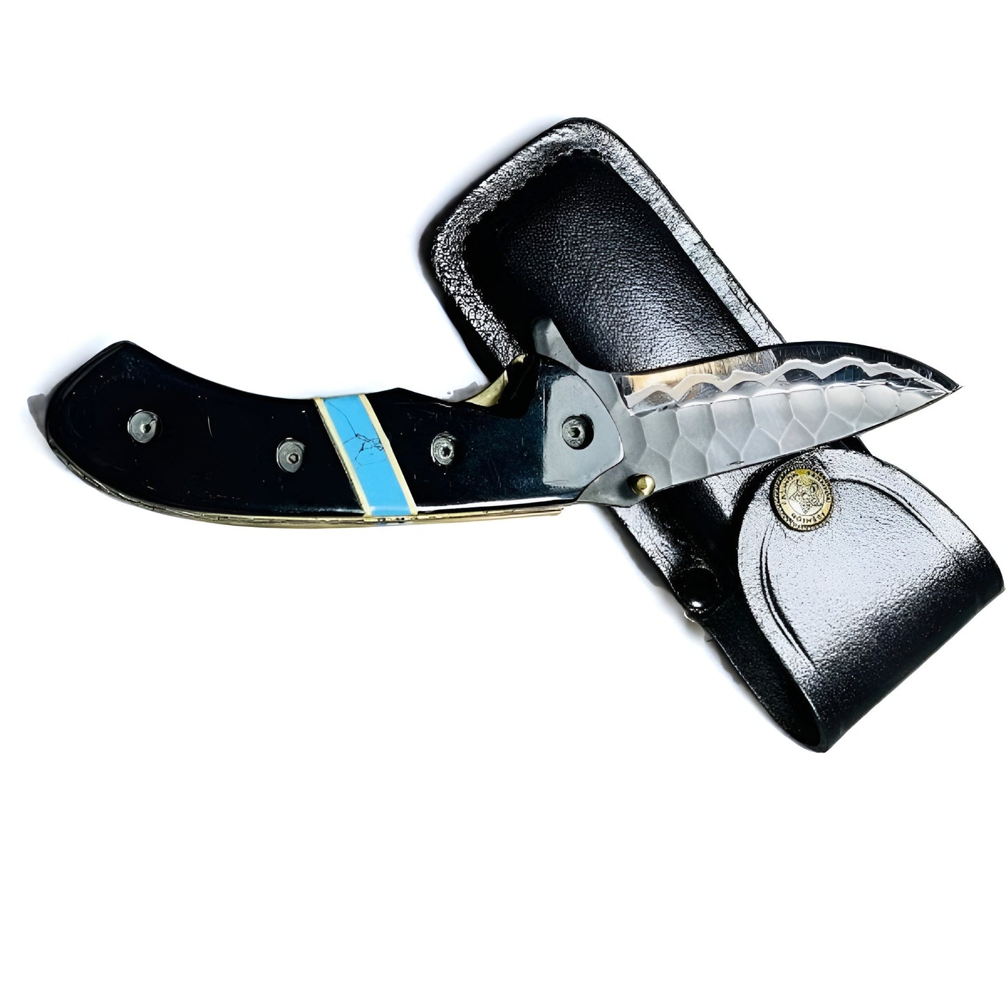 Premium Folding Knife with Textured Blade and Stylish Sheath