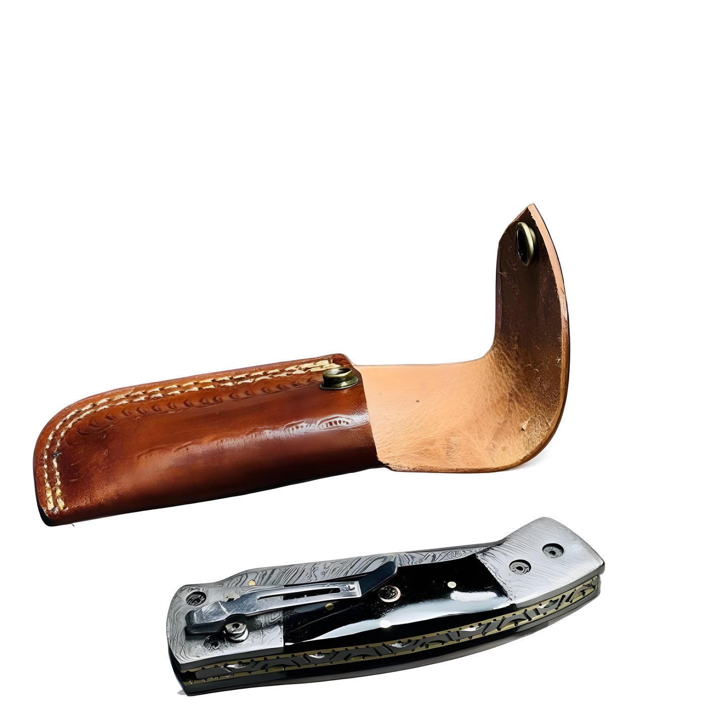 Custom Folding Knife with Damascus Blade and Leather Sheath