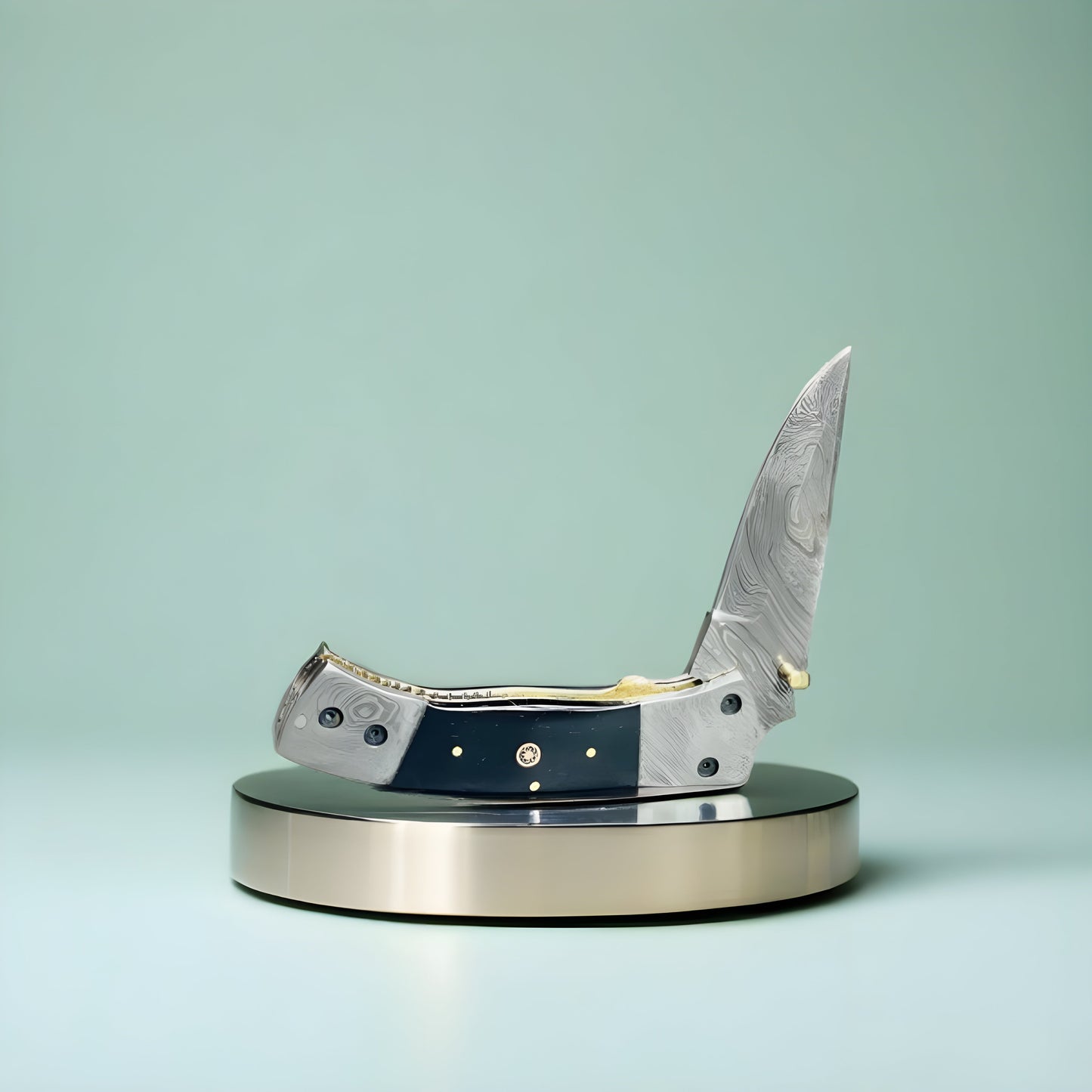 Custom Folding Knife with Damascus Blade and Leather Sheath