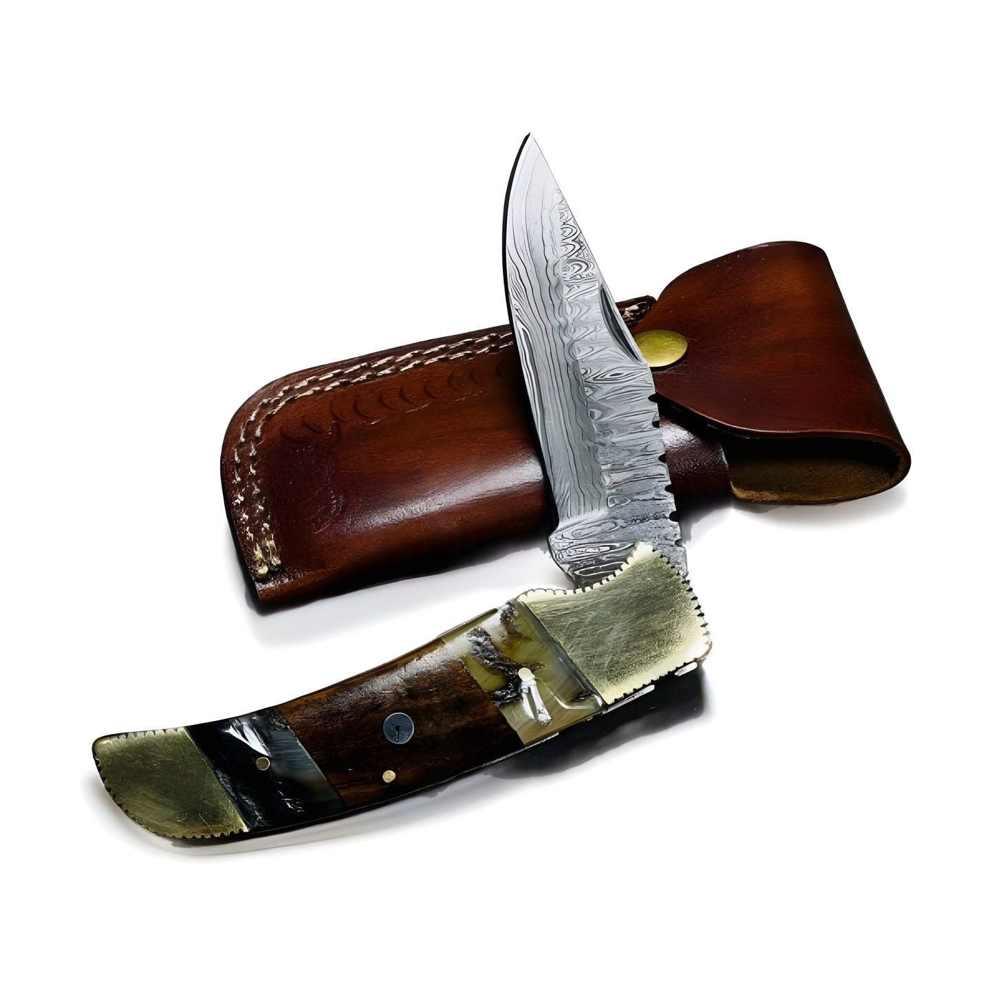 Elegant Custom Folding Knife with Damascus Blade and Gold Accents