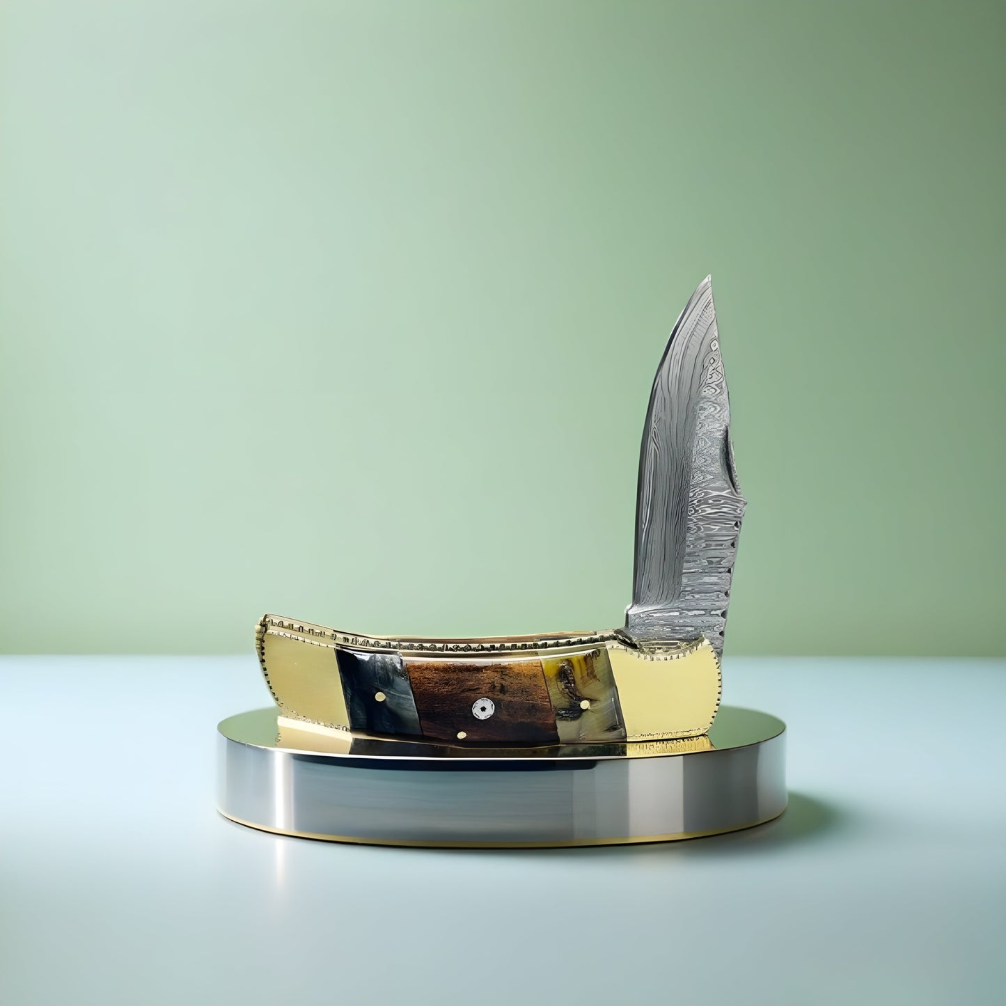 Elegant Custom Folding Knife with Damascus Blade and Gold Accents