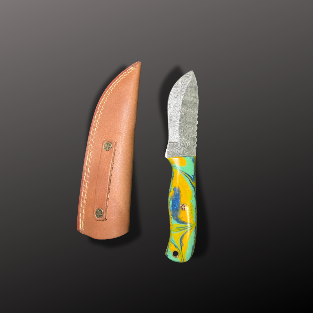 Handmade Damascus Steel Hunting Knife with Leather Sheath
