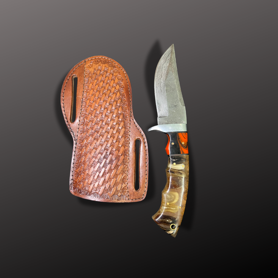 Handmade Damascus Steel Hunting Knife with Leather Sheath