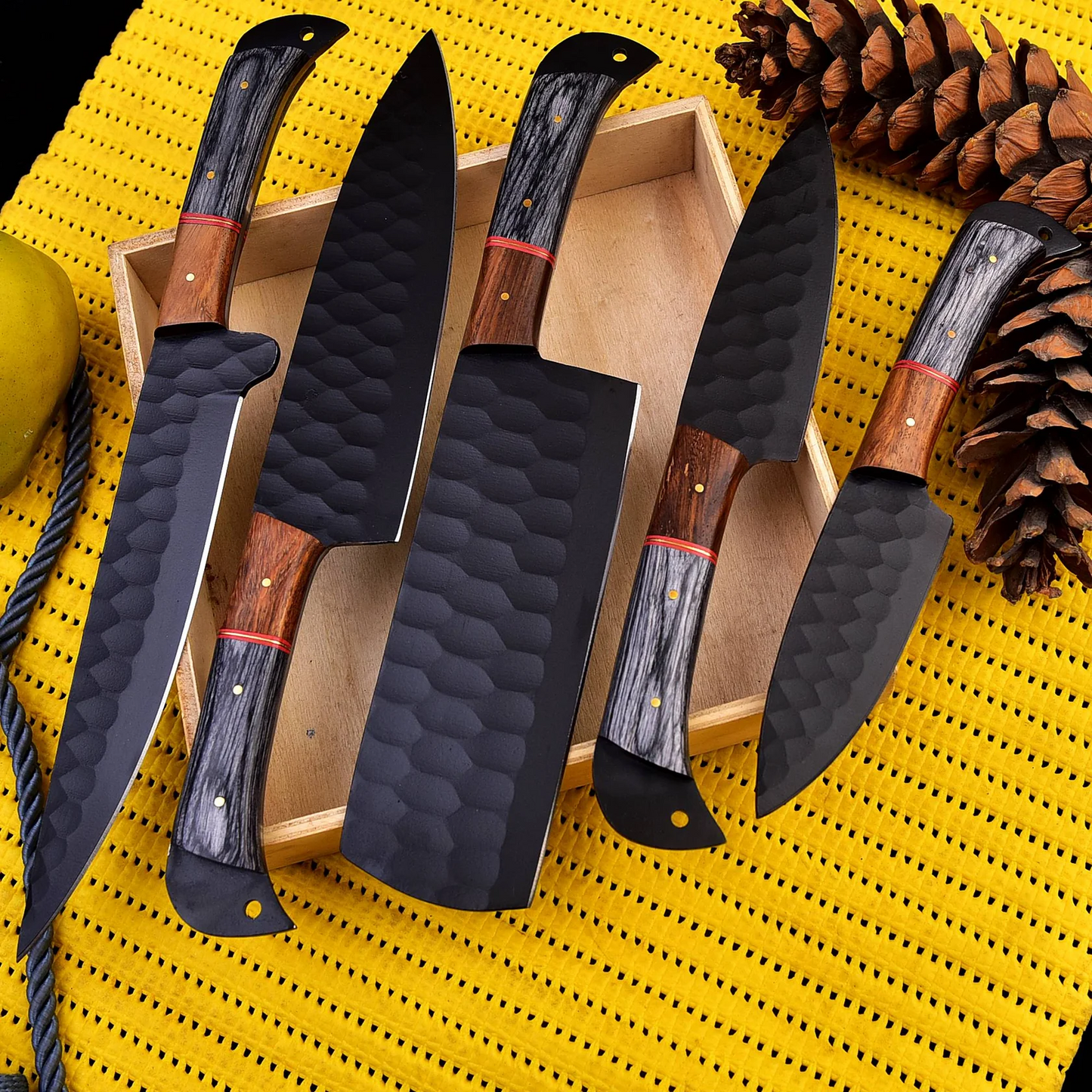 5-Piece Hand-Forged Carbon Steel Chef Knife Set with Black Powder-Coated Blades – Premium Kitchen Collection