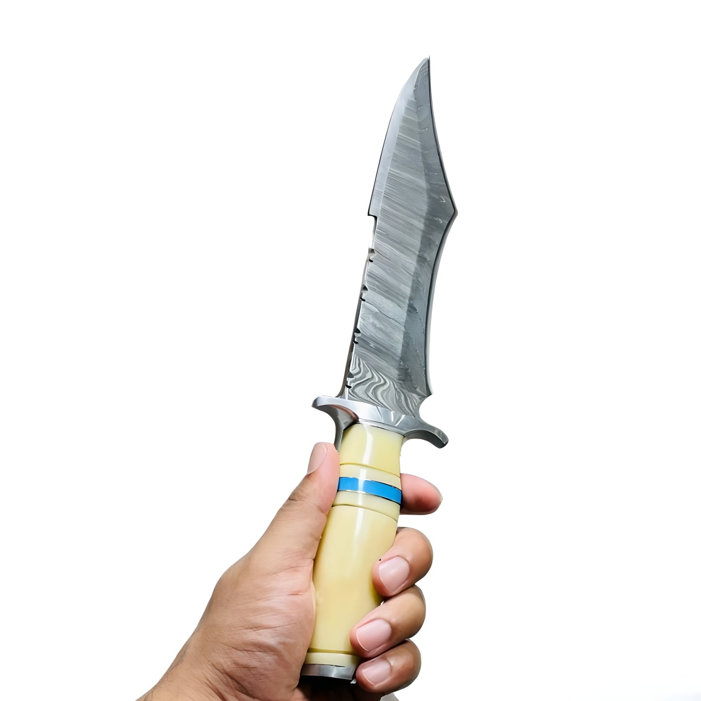 Custom Damascus Bowie with Unique Handle and Distinctive Blade Design