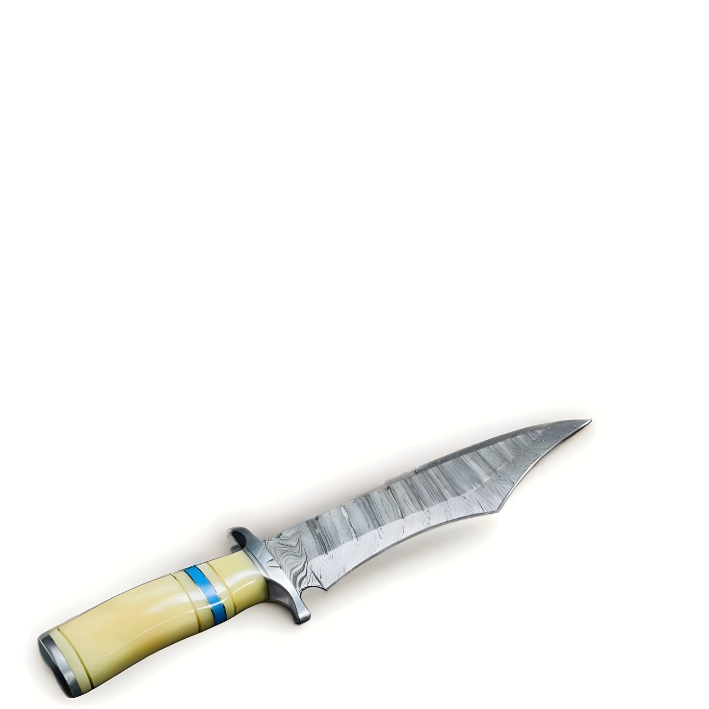 Custom Damascus Bowie with Unique Handle and Distinctive Blade Design