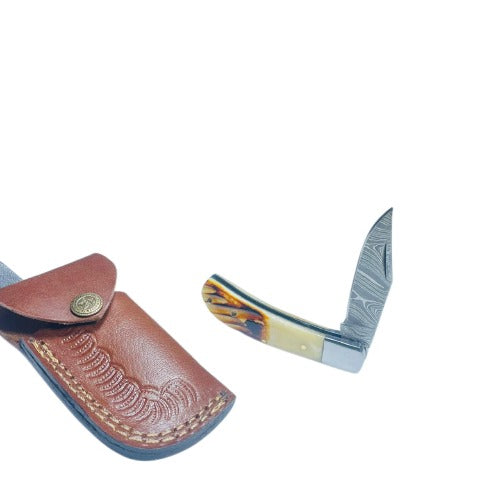 Custom Handmade Damascus Steel Folding Knife with Genuine Bone Handle**