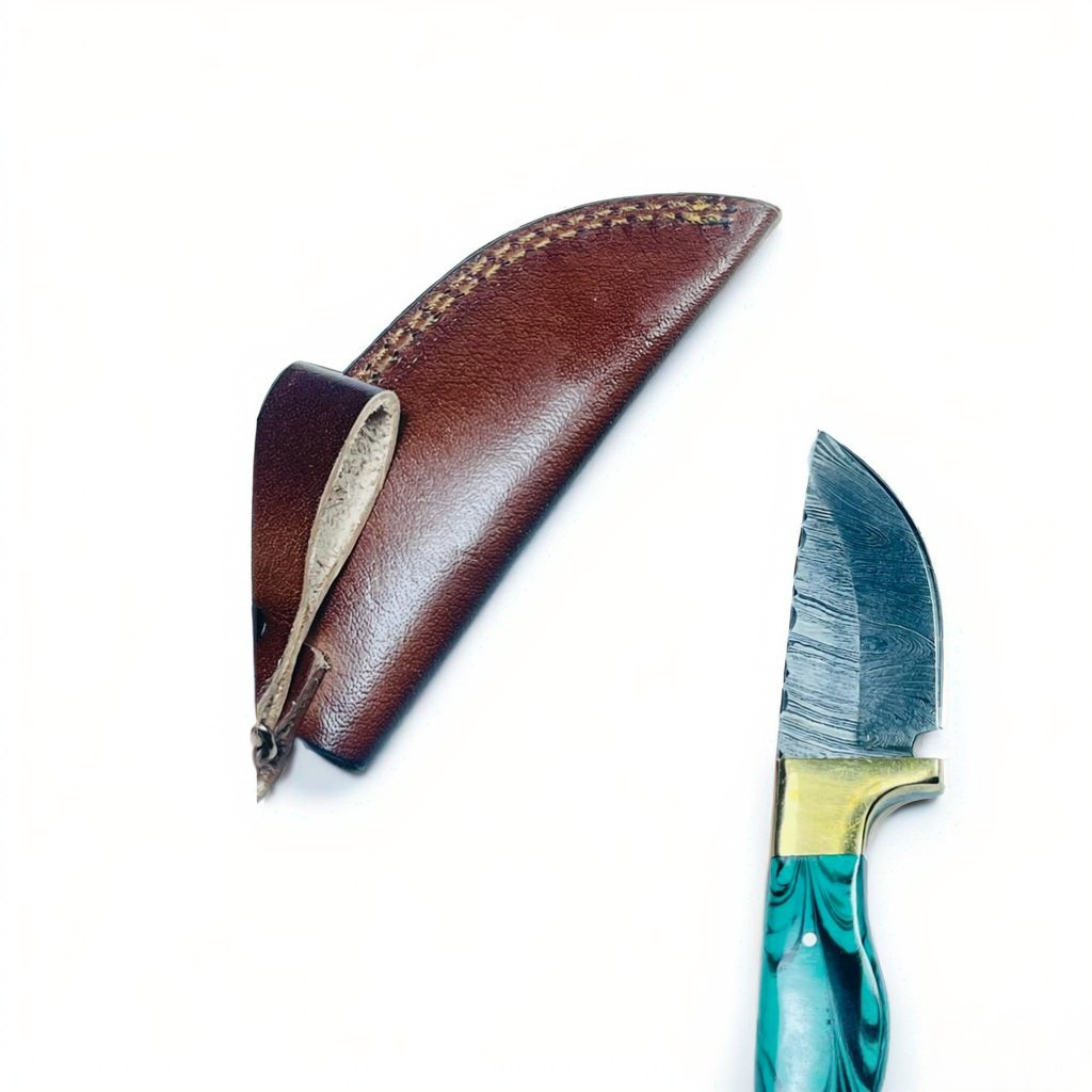 Handcrafted Damascus Steel Knife with Teal Resin Handle and Brass Guard