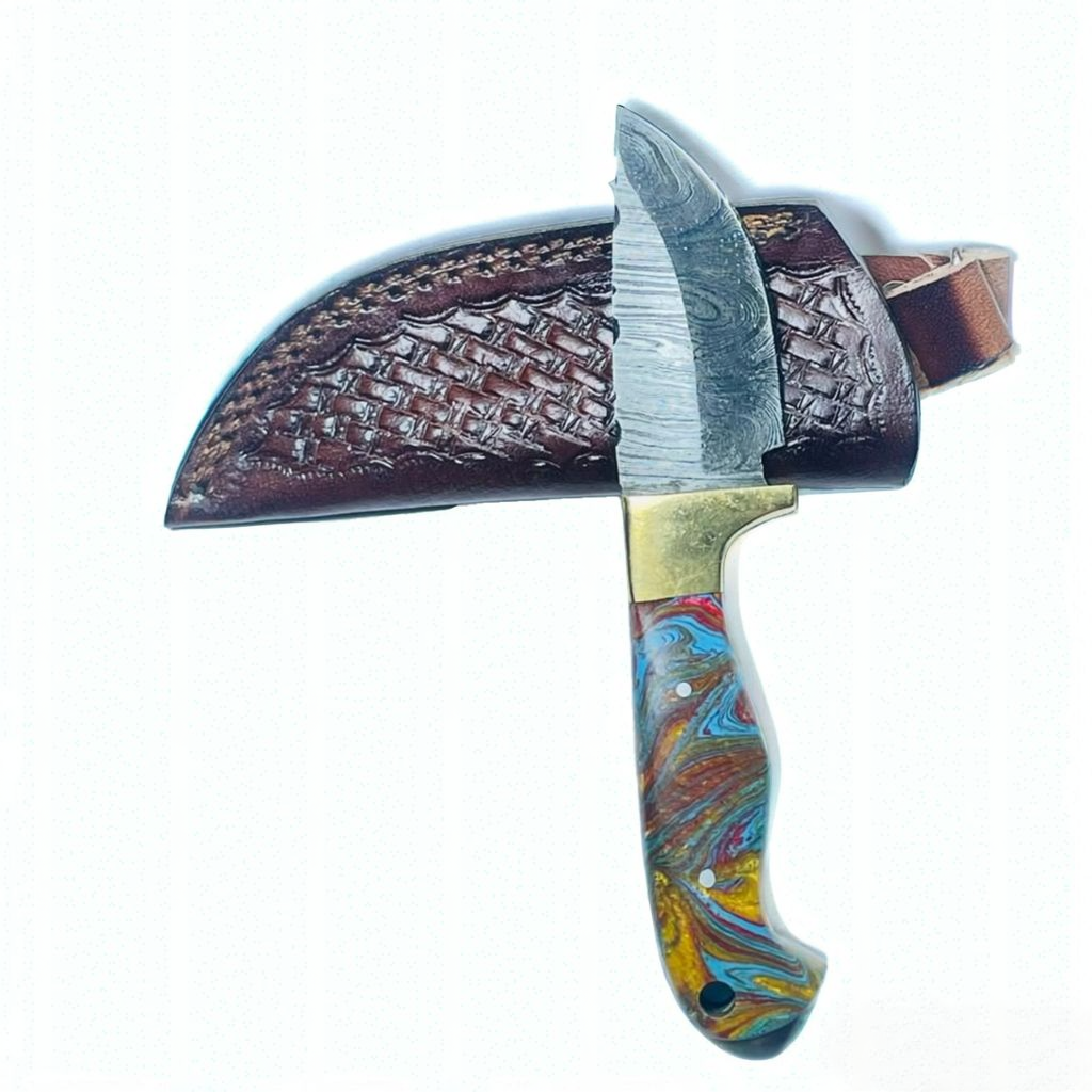 Handcrafted Damascus Steel Knife with Multi-Color Resin Handle and Brass Guard