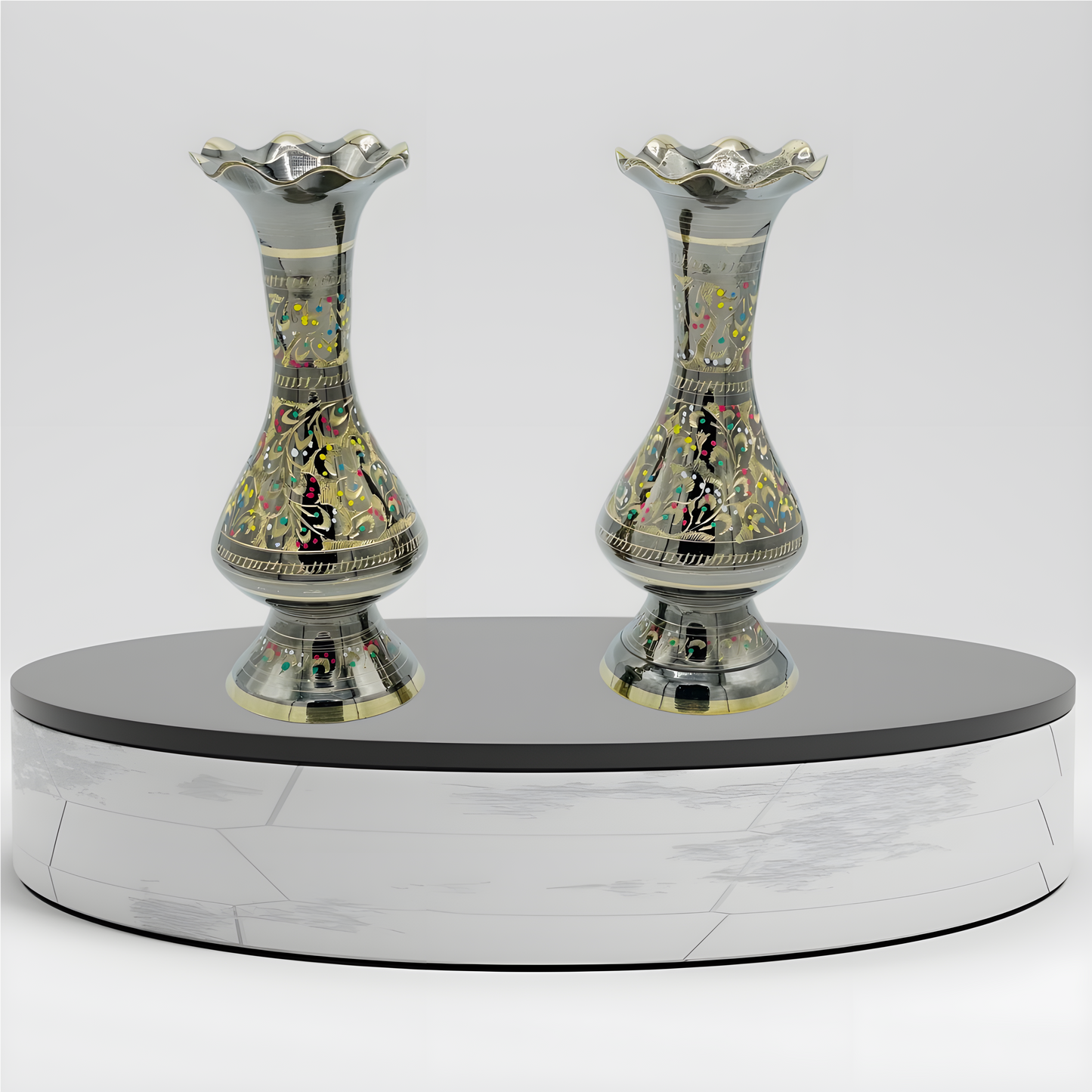 Pair of Colorful Brass Vases - 7 Inch
