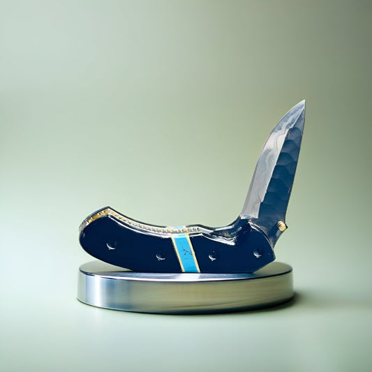 Premium Folding Knife with Textured Blade and Stylish Sheath