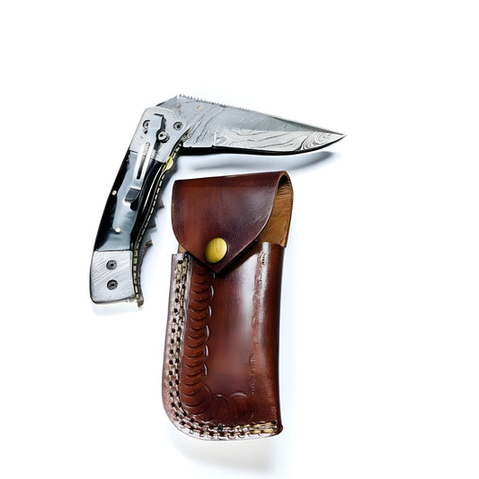 Custom Folding Knife with Damascus Blade and Leather Sheath
