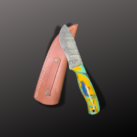 Handmade Damascus Steel Hunting Knife with Leather Sheath
