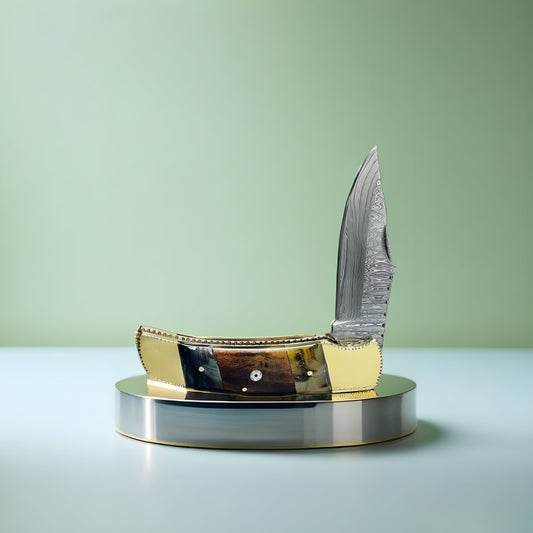 Elegant Custom Folding Knife with Damascus Blade and Gold Accents