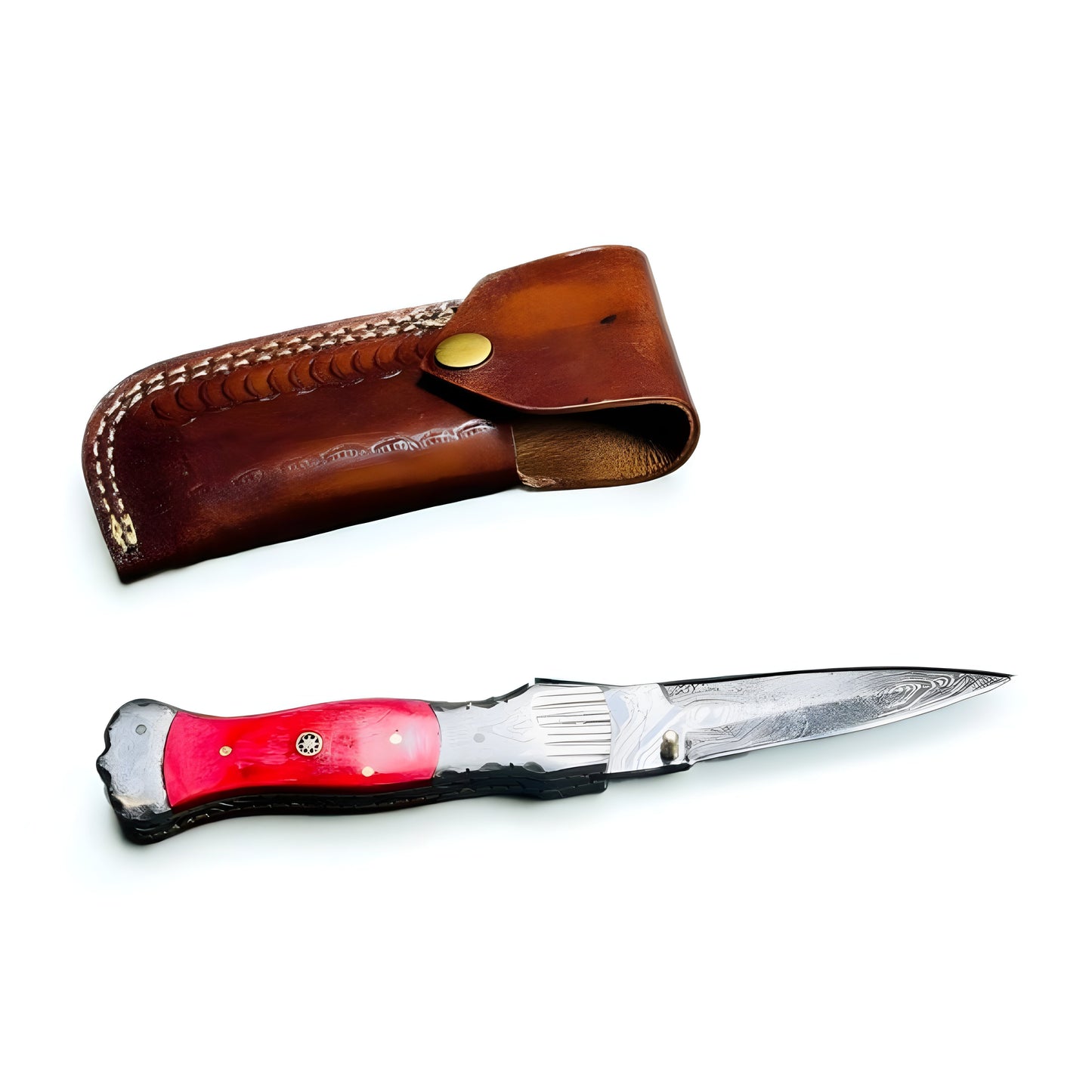 Artisan Folding Knife with Damascus Blade and Vibrant Red Handle