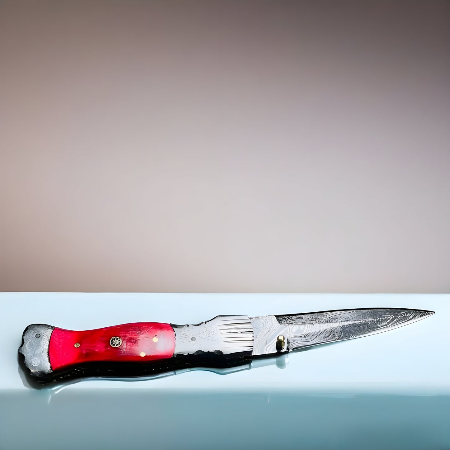Artisan Folding Knife with Damascus Blade and Vibrant Red Handle
