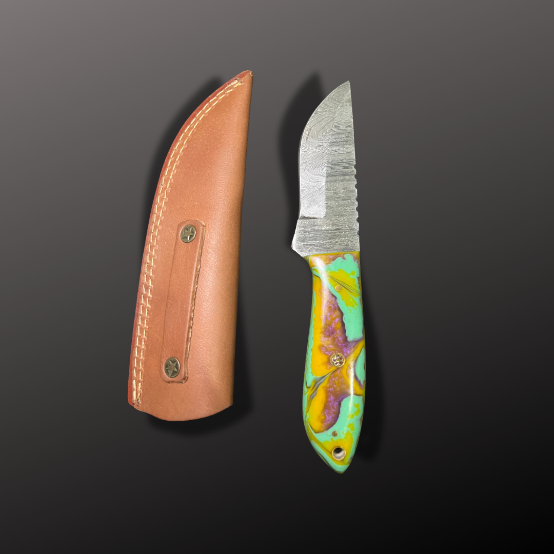Handmade Damascus Steel Hunting Knife with Leather Sheath