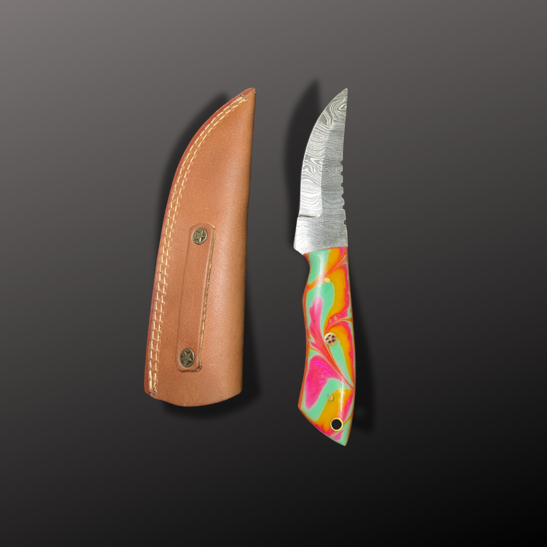 Handmade Damascus Steel Hunting Knife with Leather Sheath