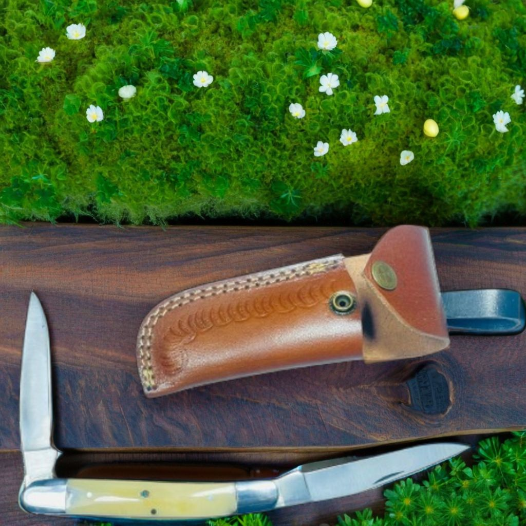 Dual Blade Handmade Folding Pocket Knife with Bone Handle and Leather Sheath