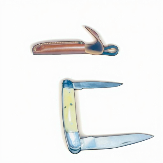 Dual Blade Handmade Folding Pocket Knife with Bone Handle and Leather Sheath