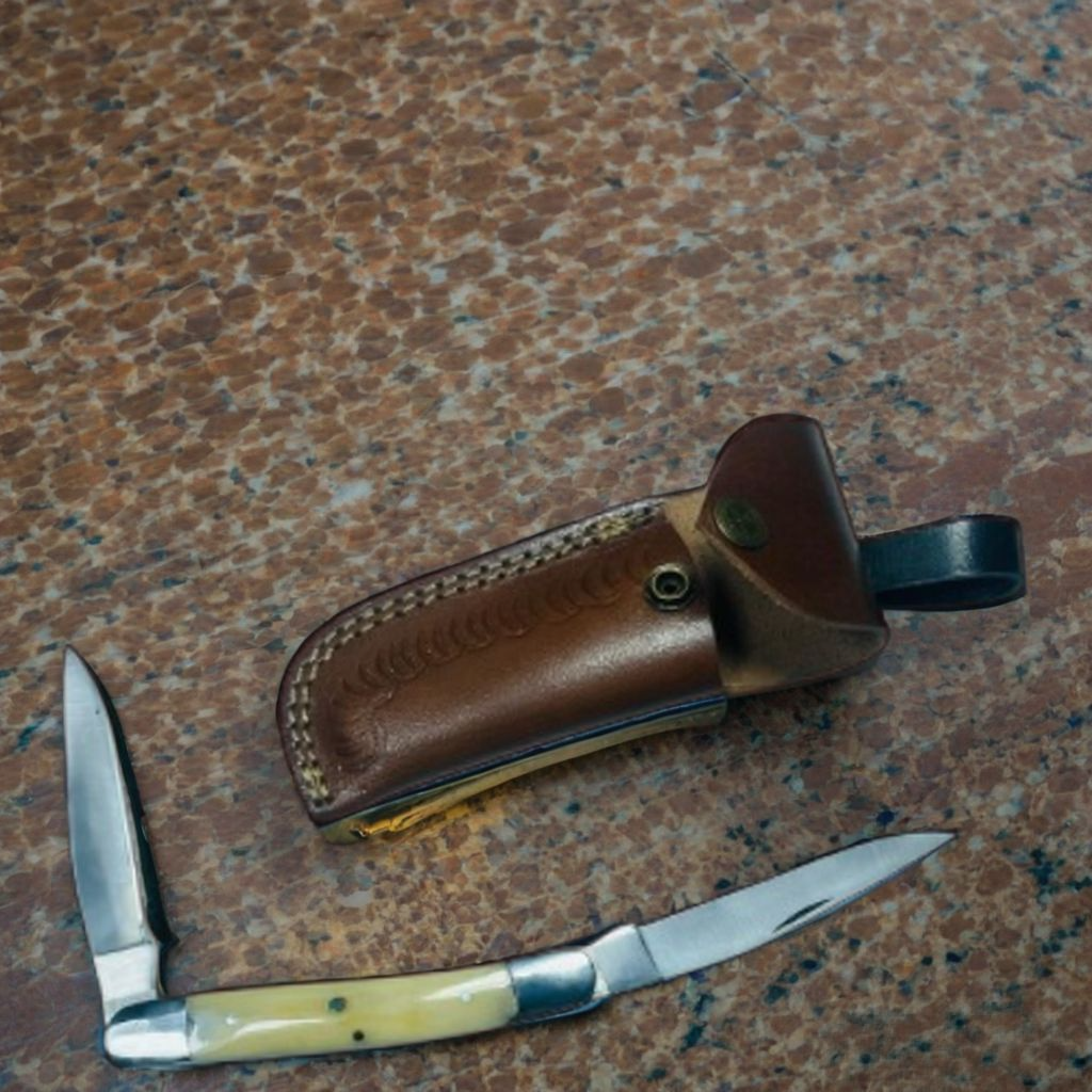 Dual Blade Handmade Folding Pocket Knife with Bone Handle and Leather Sheath