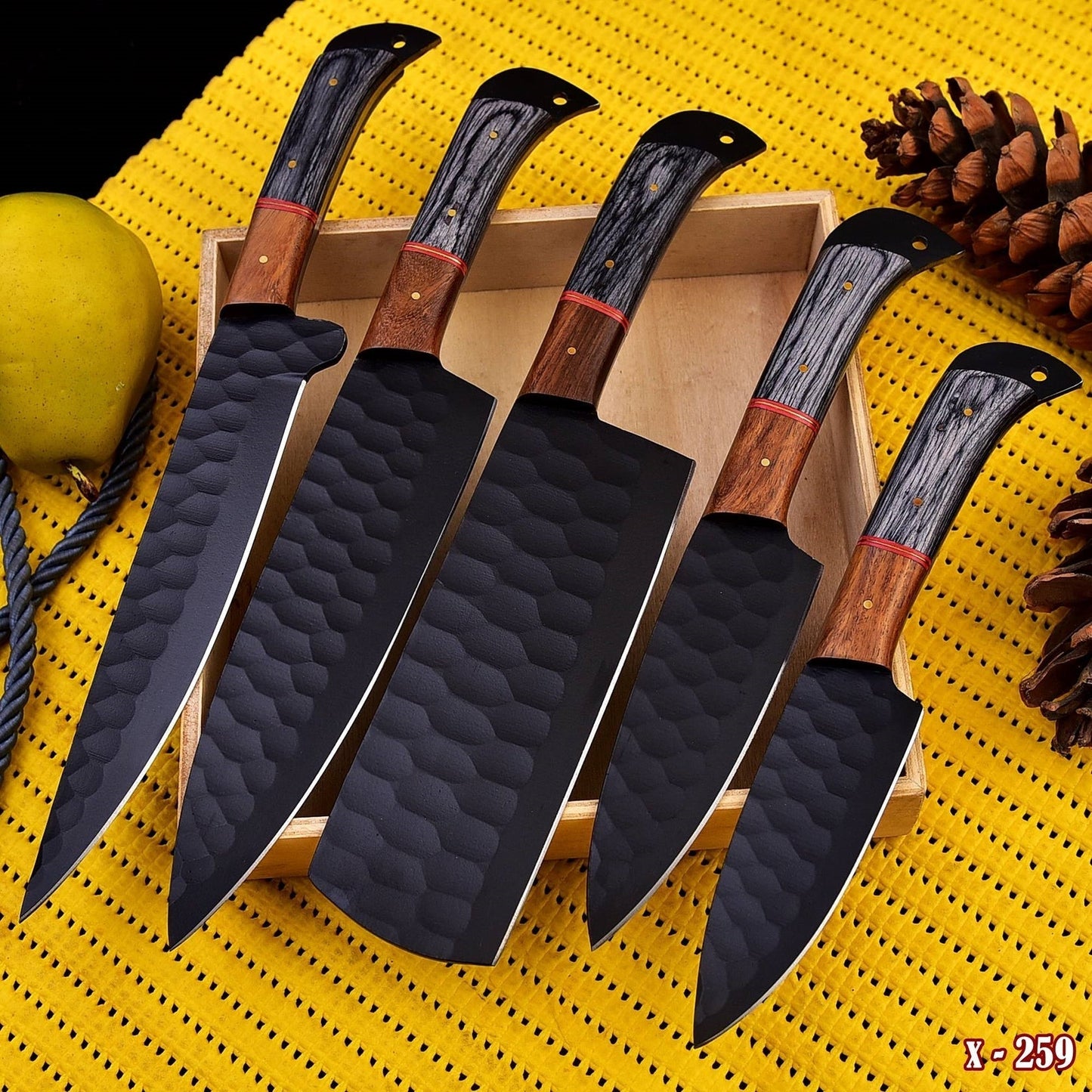 5-Piece Hand-Forged Carbon Steel Chef Knife Set with Black Powder-Coated Blades – Premium Kitchen Collection
