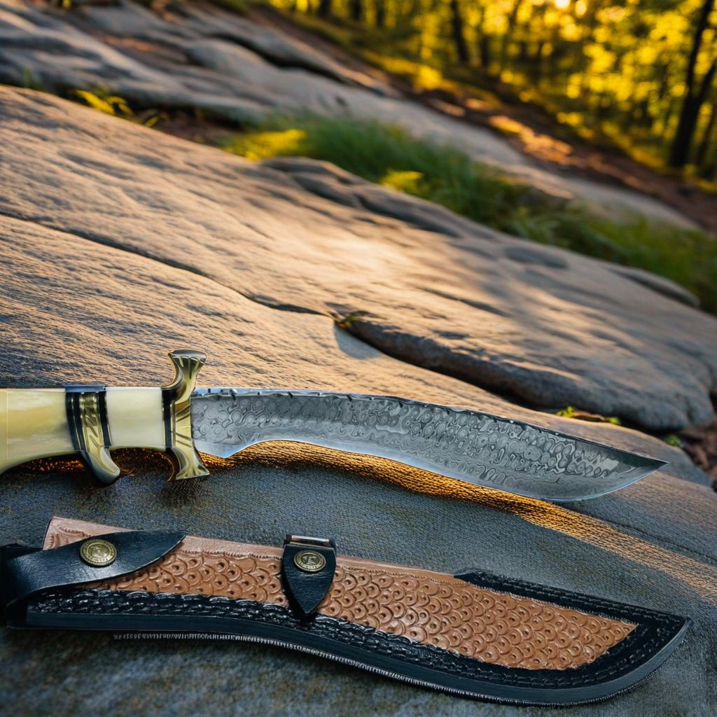Custom Handmade Damascus Steel Kukri Bowie Knife – Stag Horn Handle for Hunting