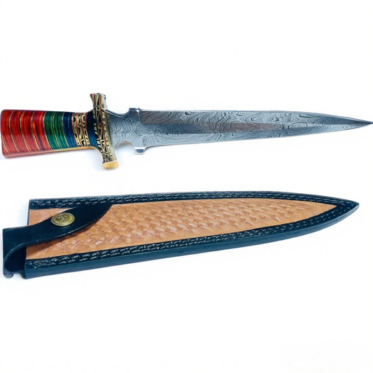 Damascus Steel Hunting Knife – Multi-Color Wood Handle with Damascus Guard