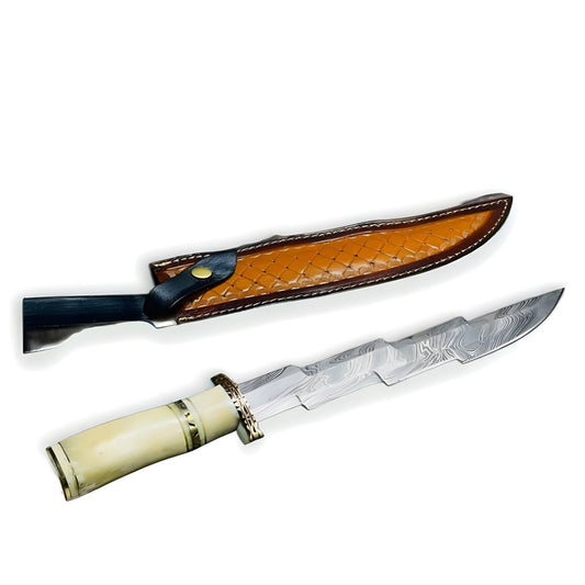 Handmade Damascus Hunting Bowie Knife With Color Bone Handle