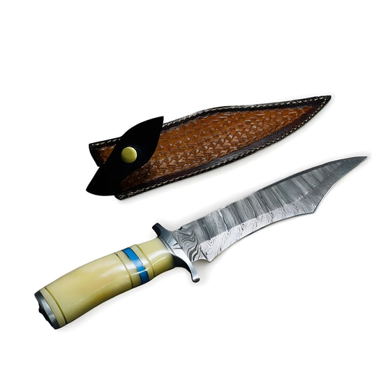 Custom Damascus Bowie with Unique Handle and Distinctive Blade Design