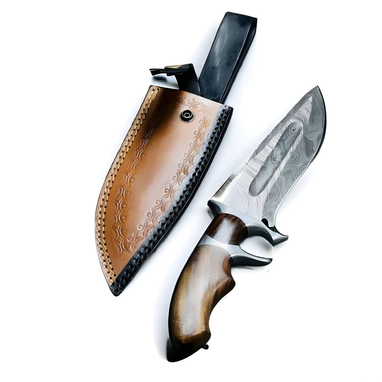 CUSTOM HANDMADE DAMASCUS STEEL HUNTING 12IN BOWIE KNIFE & LEATHER SHEATH