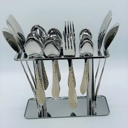 4 Persons set - New Design Double Diamond Laser Pattern Stainless Steel Cutlery Tableware Flatware Fork Knife Spoon Dinnerware Silverware Set