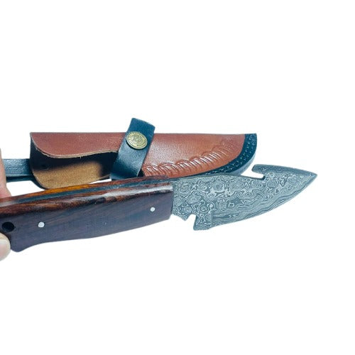 Hand-Forged Damascus Steel Gut Hook Skinning Knife – Natural Wood Handle with Leather Sheath