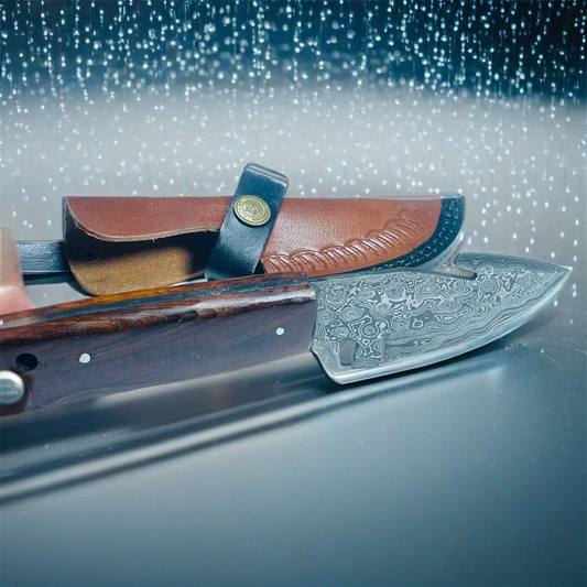 Hand-Forged Damascus Steel Gut Hook Skinning Knife – Natural Wood Handle with Leather Sheath