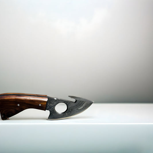 Hand-Forged Damascus Steel Gut Hook Skinning Knife – Premium Wood Handle with Leather Sheath