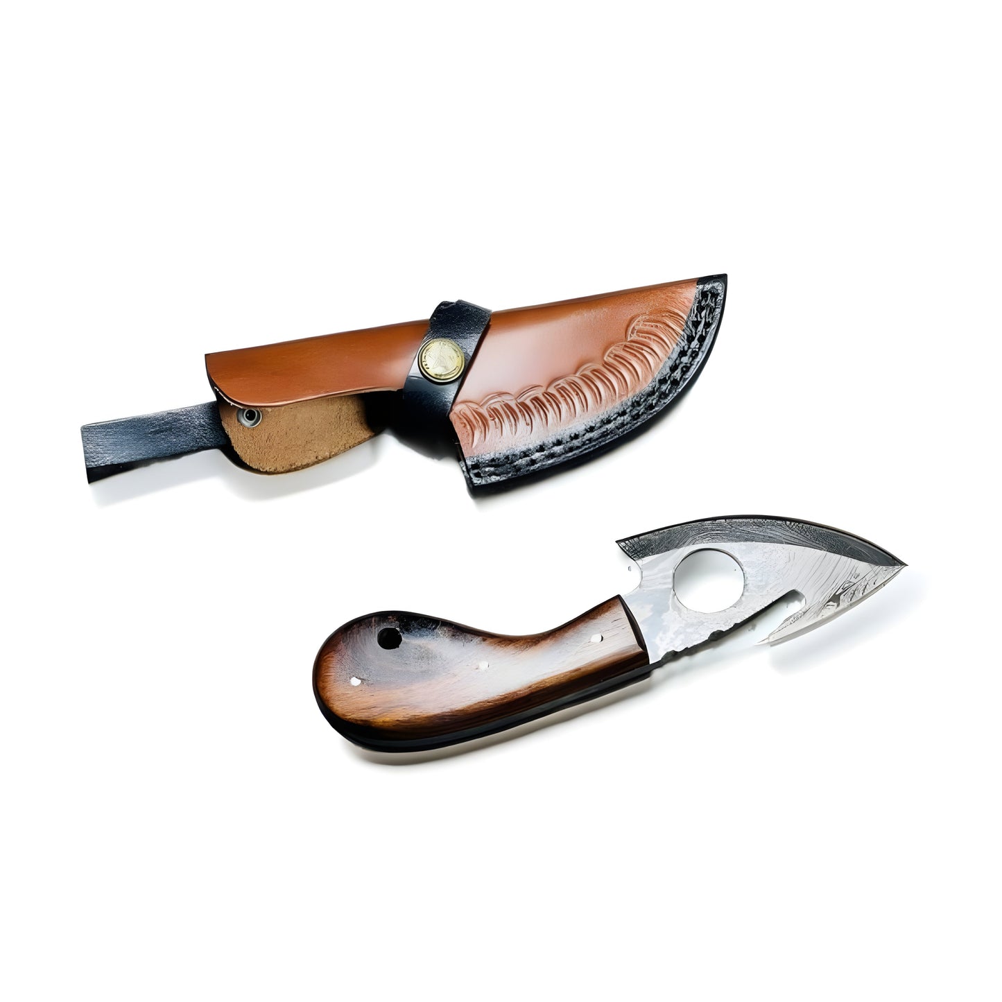 Hand-Forged Damascus Steel Gut Hook Skinning Knife – Premium Wood Handle with Leather Sheath