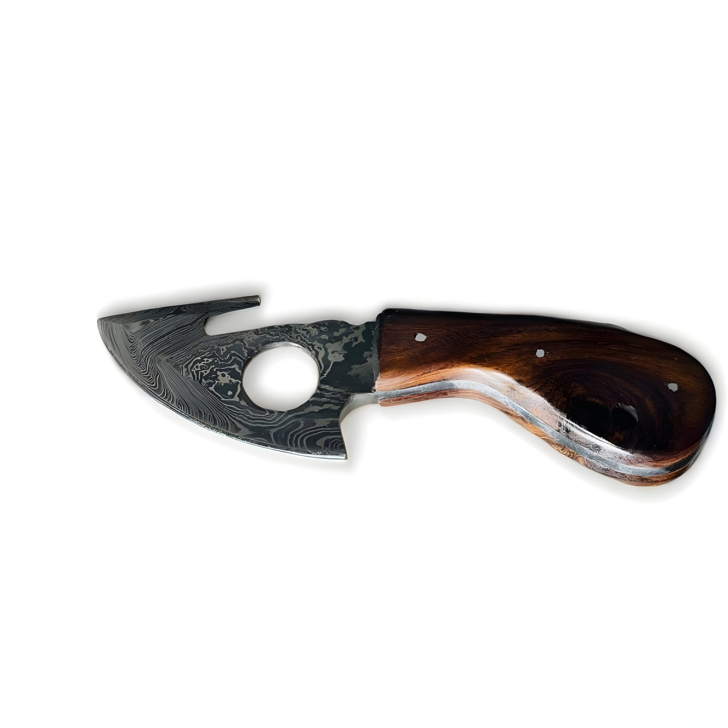Hand-Forged Damascus Steel Gut Hook Skinning Knife – Premium Wood Handle with Leather Sheath