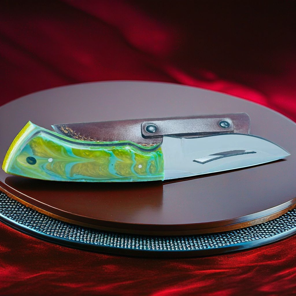 Handcrafted Damascus Steel Gut Hook Skinning Knife with Colorful Resin Handle & Leather Sheath