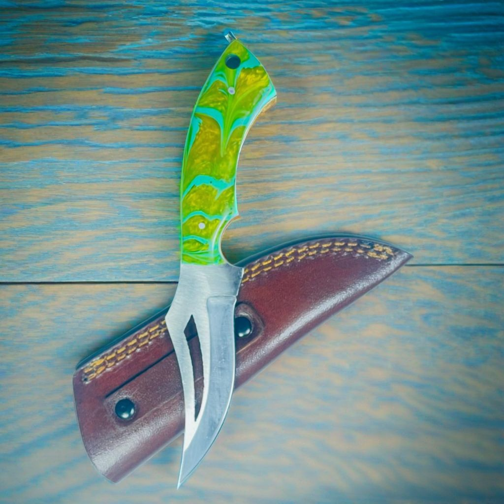 Handcrafted Damascus Steel Gut Hook Skinning Knife with Colorful Resin Handle & Leather Sheath