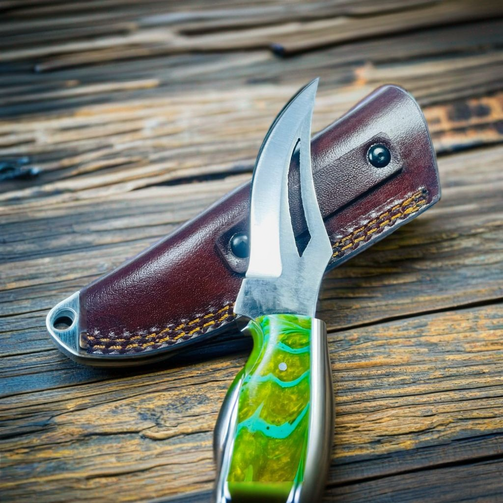 Handcrafted Damascus Steel Gut Hook Skinning Knife with Colorful Resin Handle & Leather Sheath