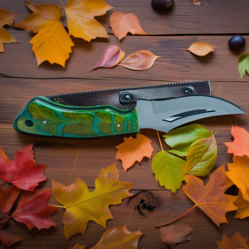 Handcrafted Damascus Steel Gut Hook Skinning Knife with Colorful Resin Handle & Leather Sheath