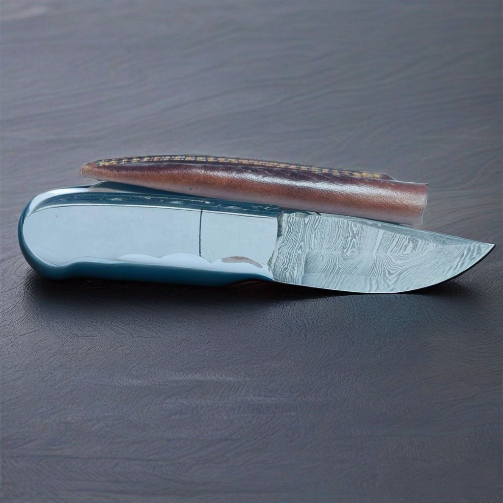 Premium Damascus Steel Skinning Knife with Mirror Finish Resin Handle & Leather Sheath