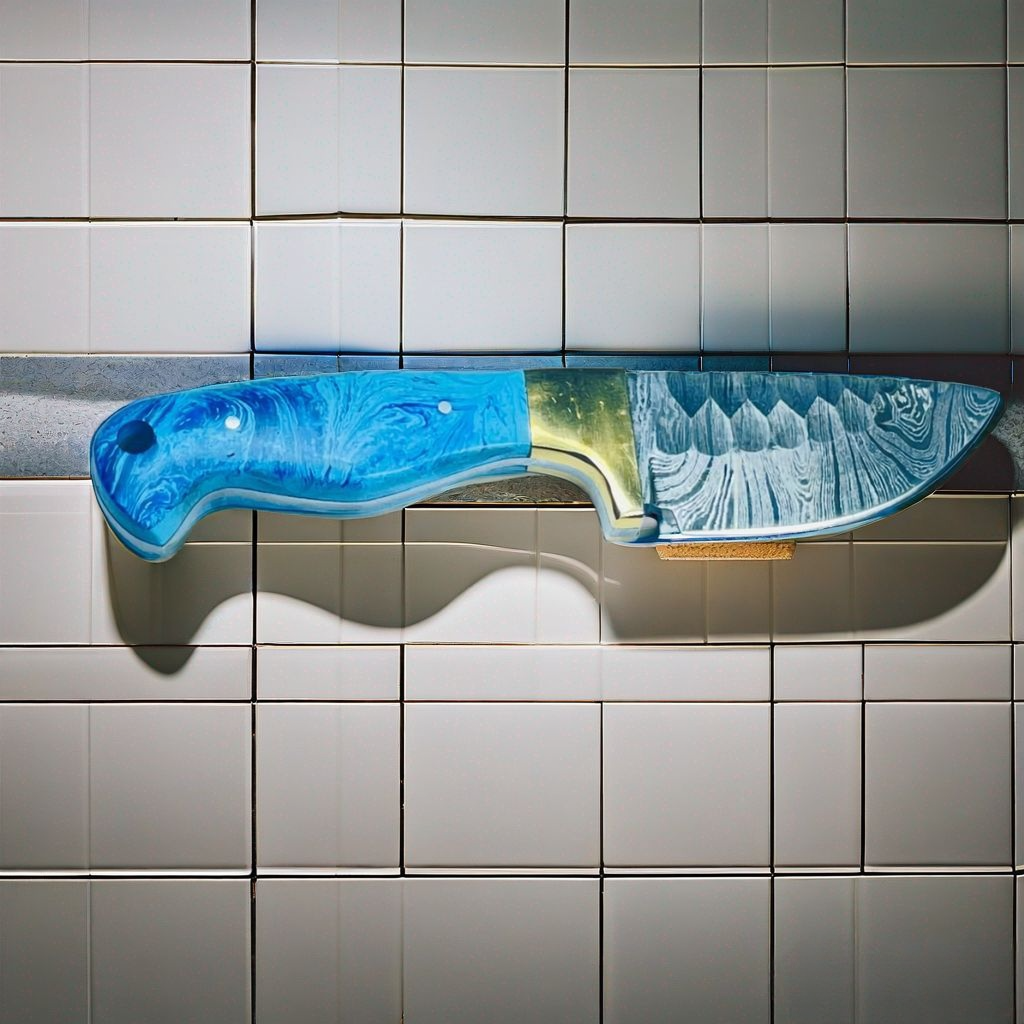 Handcrafted Damascus Steel Knife with Blue Resin Handle and Brass Guard
