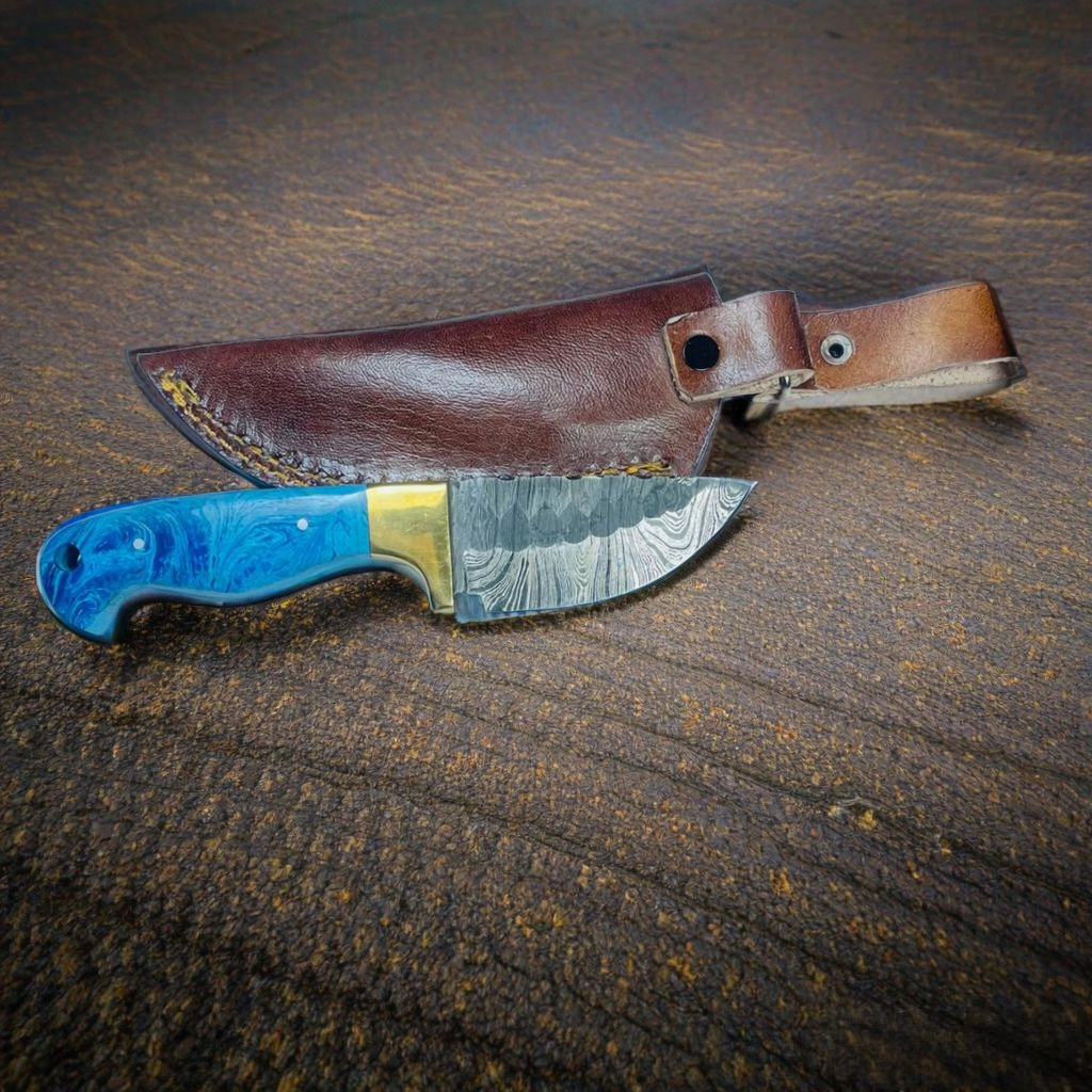 Handcrafted Damascus Steel Knife with Blue Resin Handle and Brass Guard