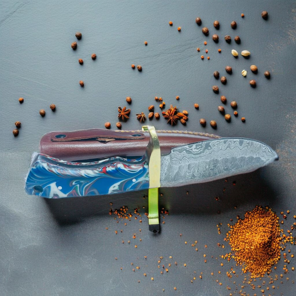 Handcrafted Damascus Steel Hunting Knife with Swirled Blue Resin Handle and Brass Guard