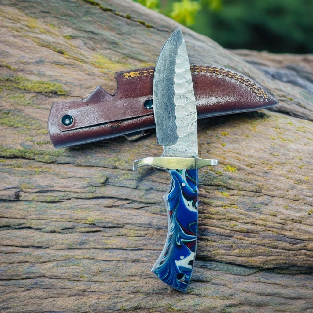 Handcrafted Damascus Steel Hunting Knife with Swirled Blue Resin Handle and Brass Guard