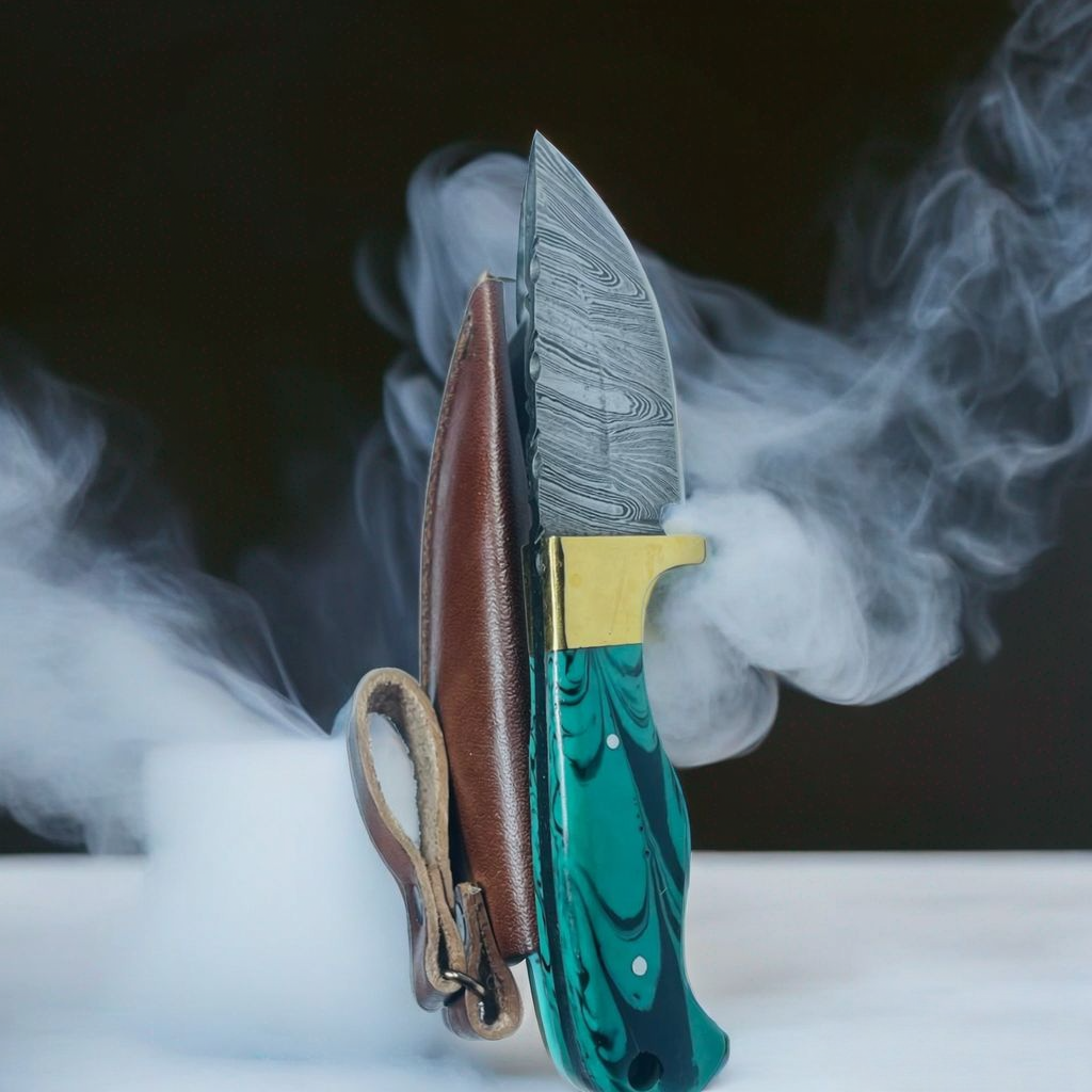 Handcrafted Damascus Steel Knife with Teal Resin Handle and Brass Guard