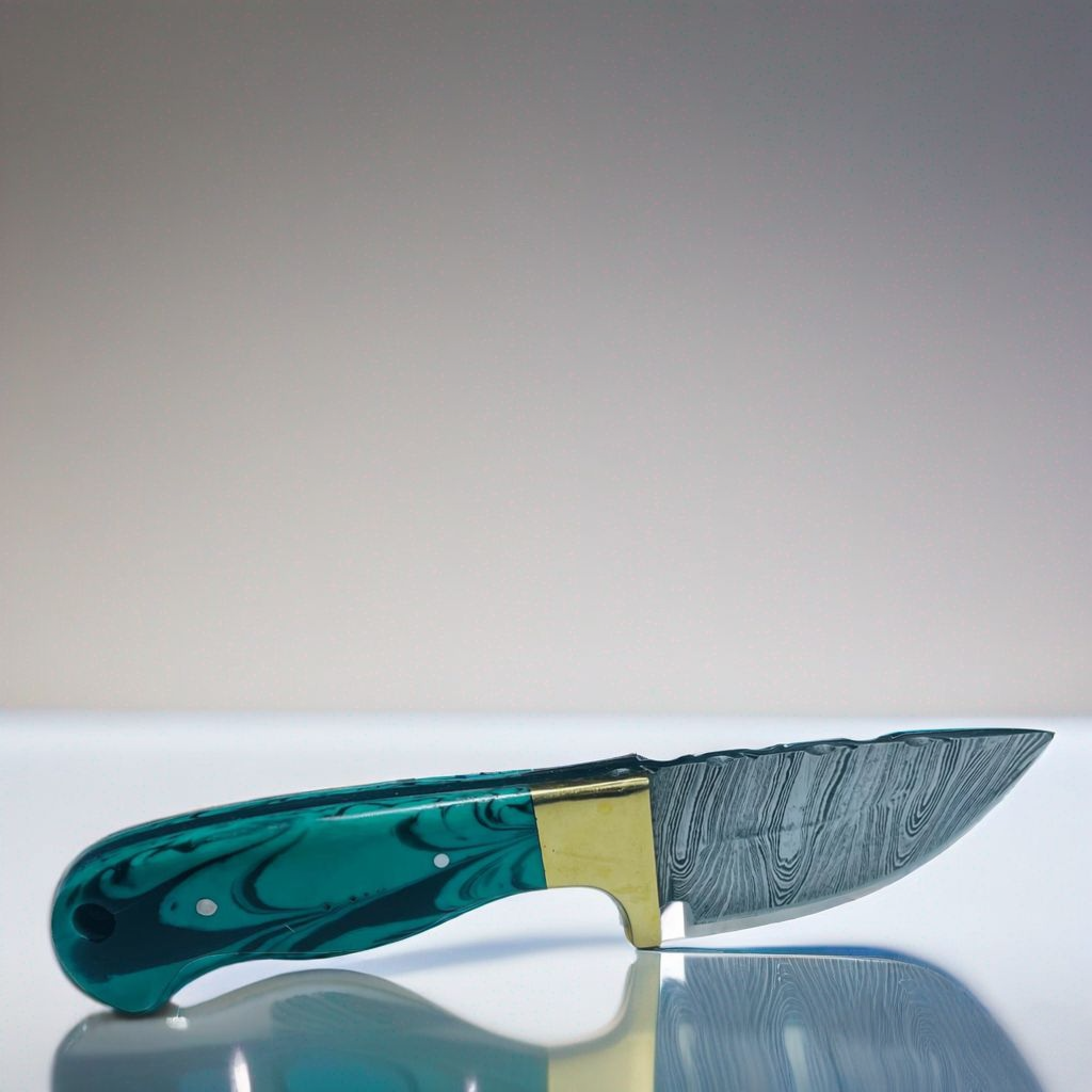 Handcrafted Damascus Steel Knife with Teal Resin Handle and Brass Guard